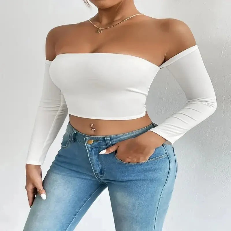 Off Shoulder Long Sleeve Crop Top