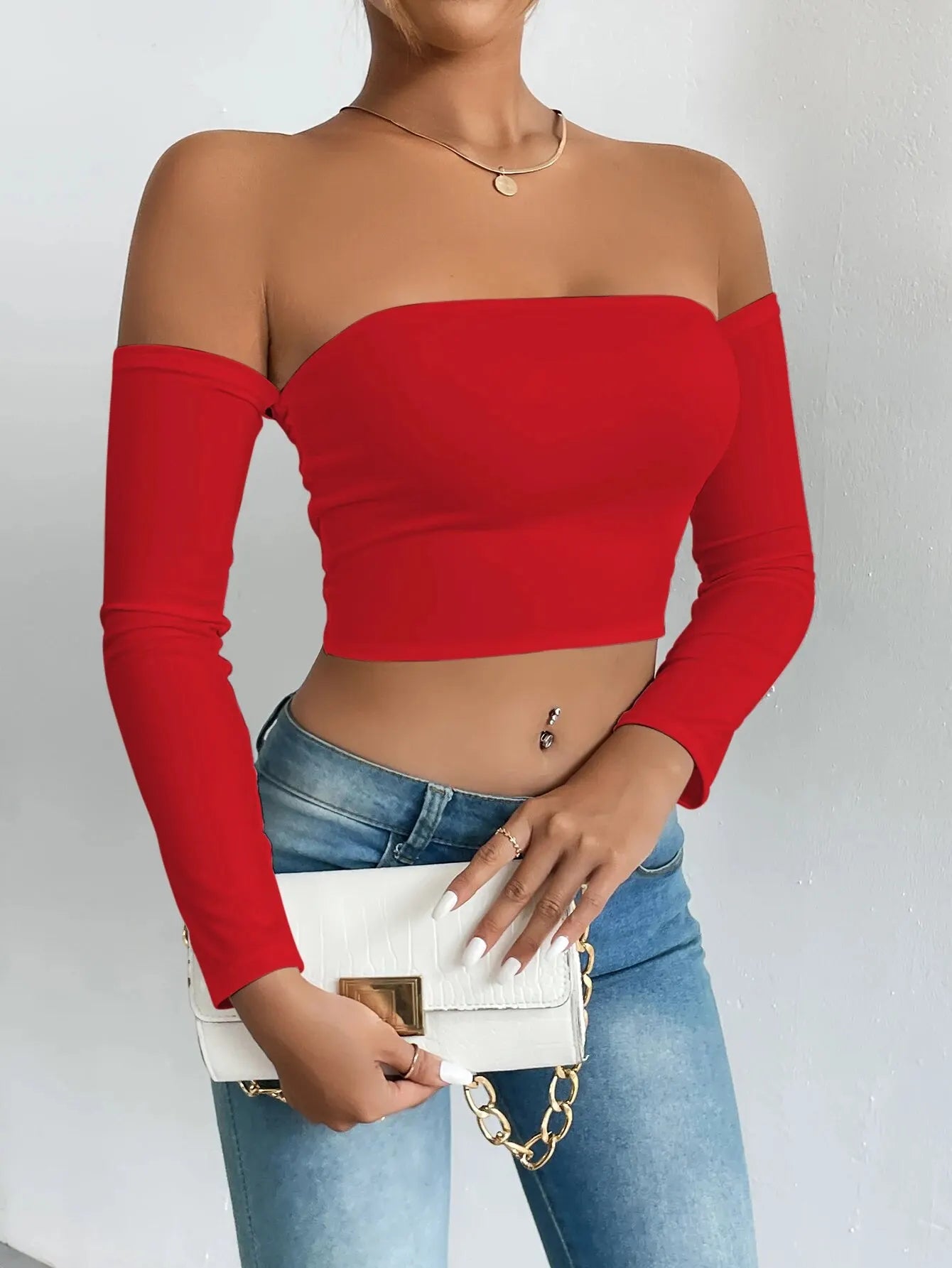 Off Shoulder Long Sleeve Crop Top