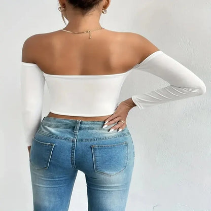 Off Shoulder Long Sleeve Crop Top