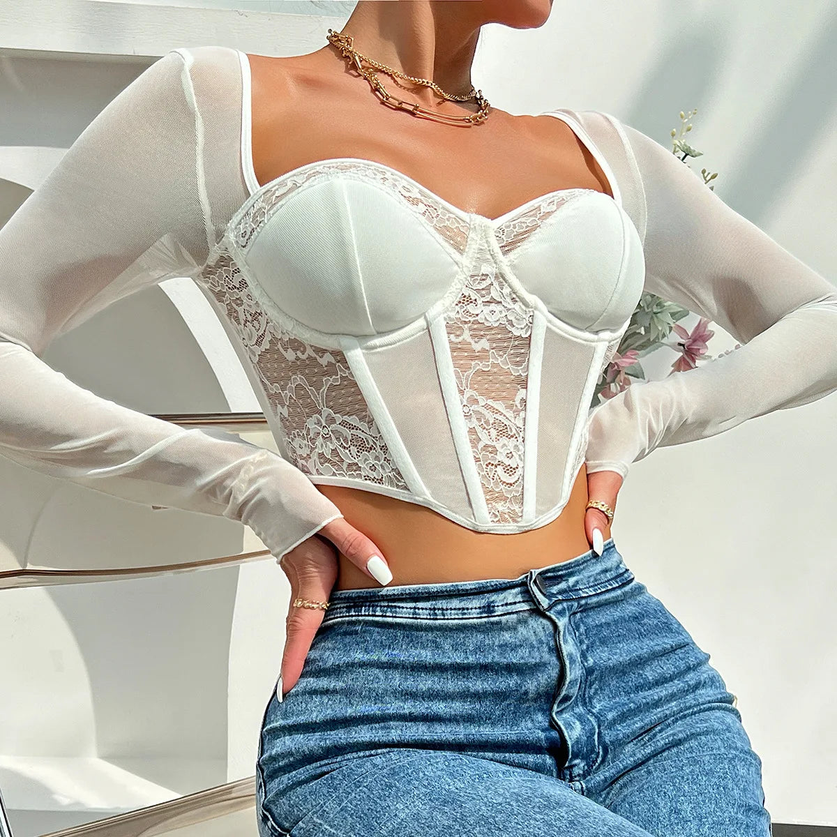 Vemina Long Sleeve Mesh Crop Top