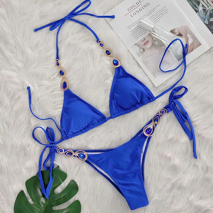 Fashion Solid Rhinestone Diamond Strap Swimsuit