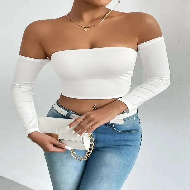 Off Shoulder Long Sleeve Crop Top