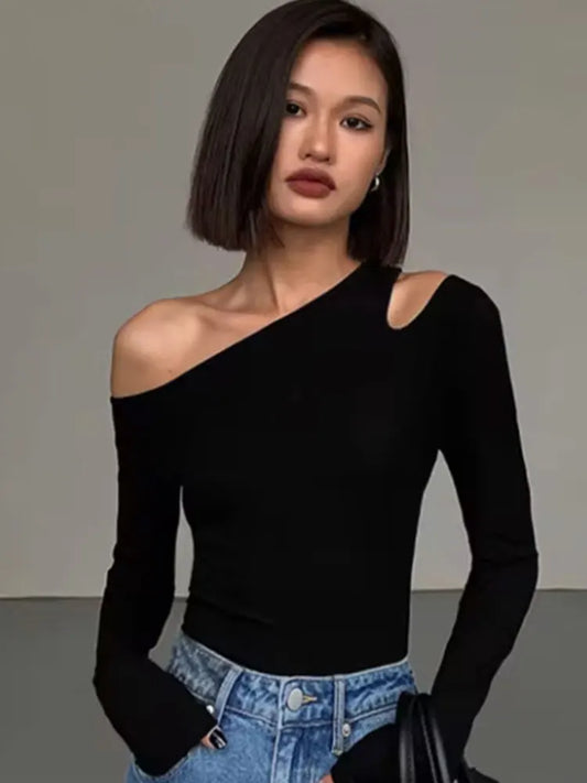 Fashion Skew Collar Off-shoulder T-shirt