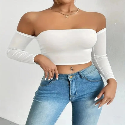 Off Shoulder Long Sleeve Crop Top