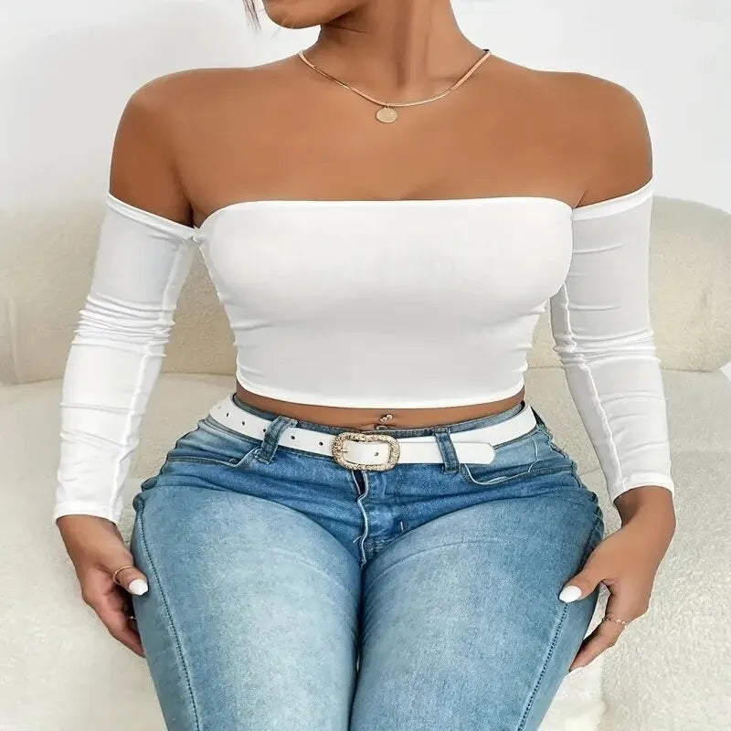 Off Shoulder Long Sleeve Crop Top