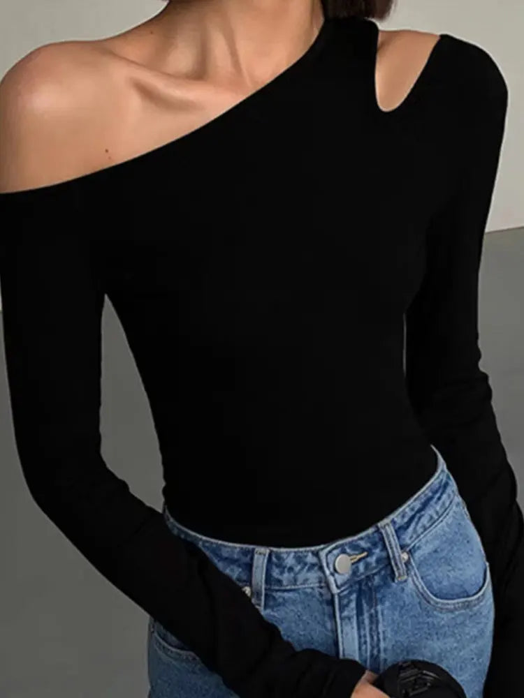Fashion Skew Collar Off-shoulder T-shirt
